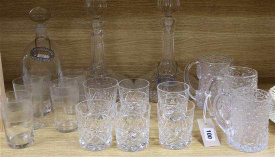 A quantity of glassware, including three Whitefriars style glasses, three decanters and two silver labels Whisky and Sherry